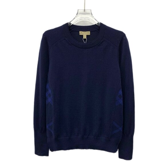 CM0303 Burberry Dark Blue Side Stripe Sheep Wool Round Neck Long Sleeve Knit Swe